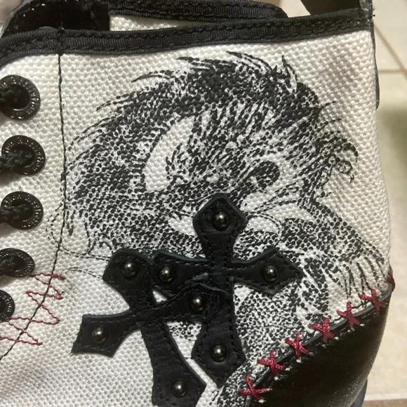 AFFLICTION Combat Biker Distressed Lace Leather/Canvas Dragon Shoes Size 11 US - Picture 3 of 11